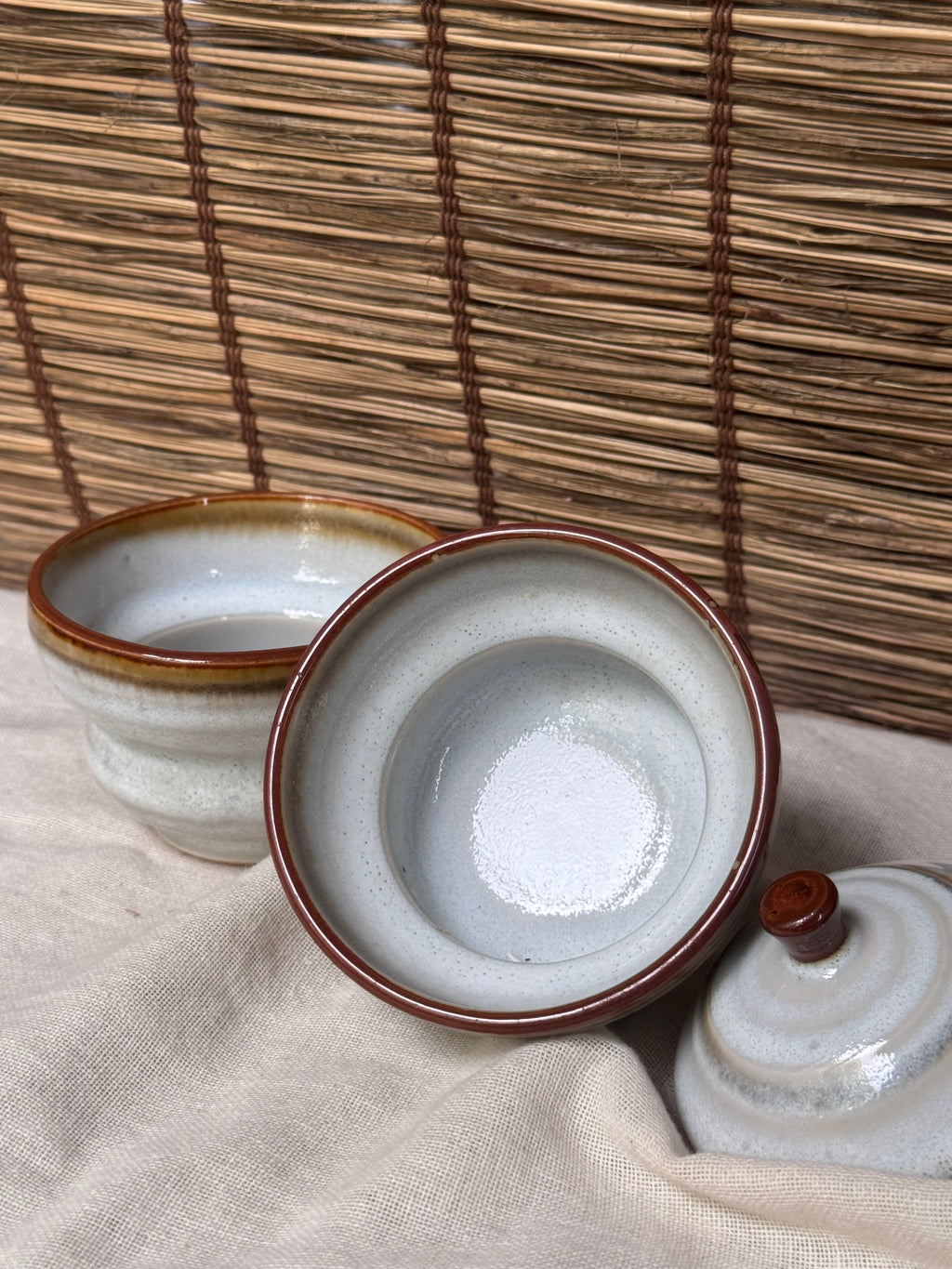 Ame-Glaze Lidded Cups, Pair — Rim Drip, Knob-Lid, Tiered Foot