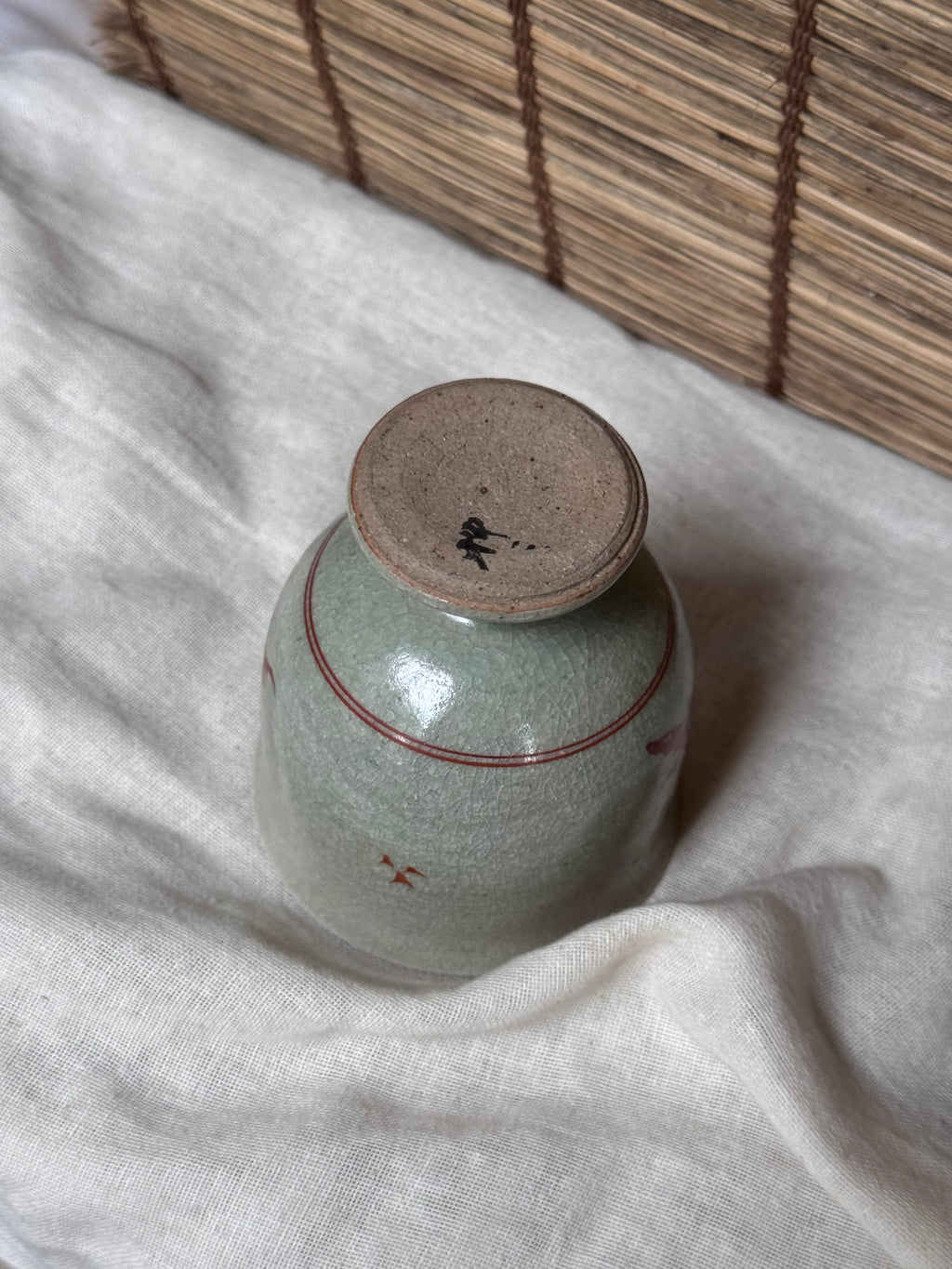 Footed Celadon Cup — Iron-Red Floral Spray, Crackle Glaze