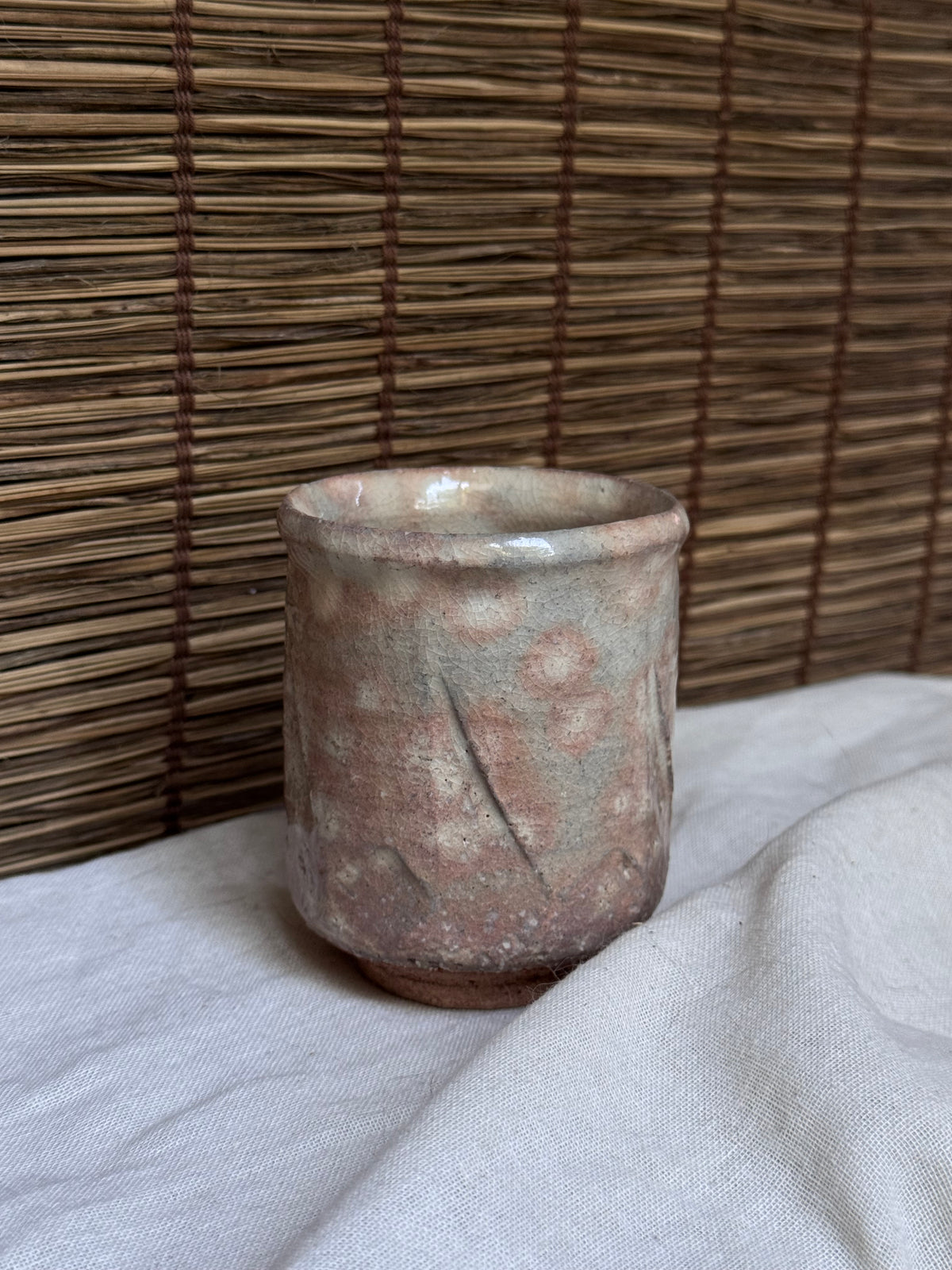 Hagi-yaki Blush Pink Ash Glaze Cup, Faceted Body, Unglazed Rim