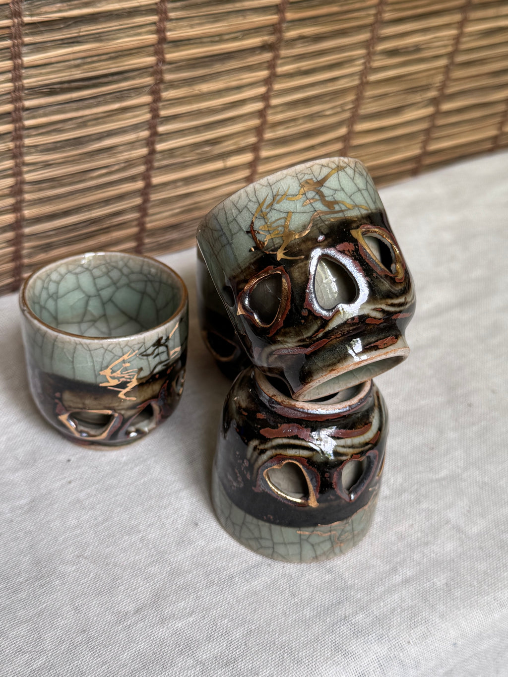 Sōma-yaki Double-Walled Cups, Set of 4 — Crackle Celadon Glaze, Cutout Design, Horse Gold Accents
