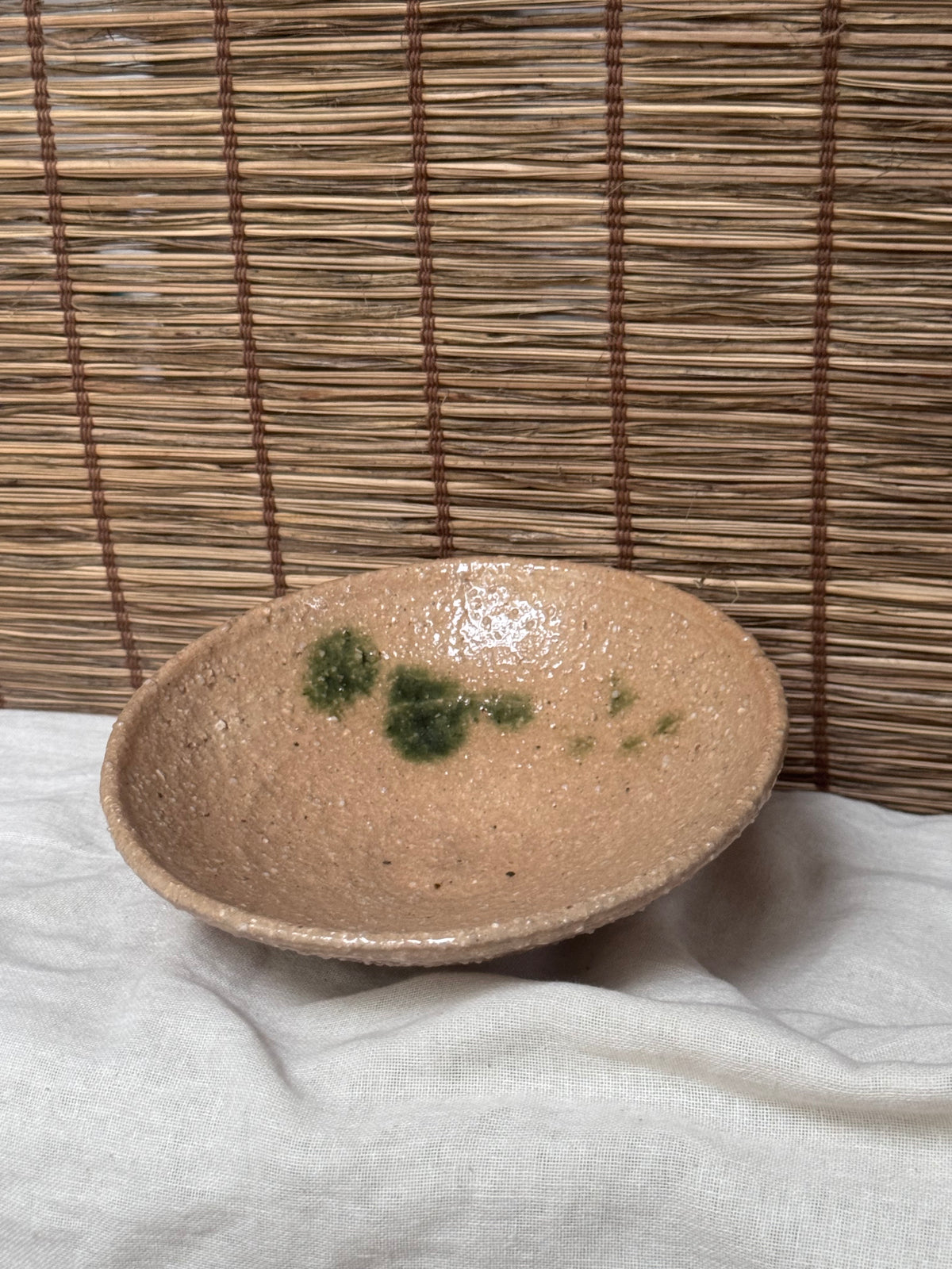 Ki-Seto Style Bowl — Coarse Stoneware with Copper-Green "Tanpan" Accents