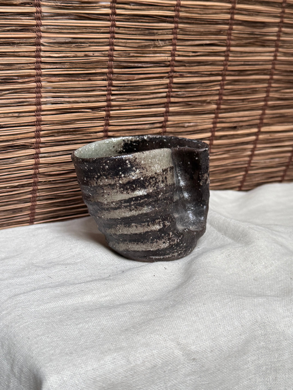 Shigaraki-Yaki Wood-Fired Yunomi Cup, Wave-Cut Rim, Natural Ash Glaze