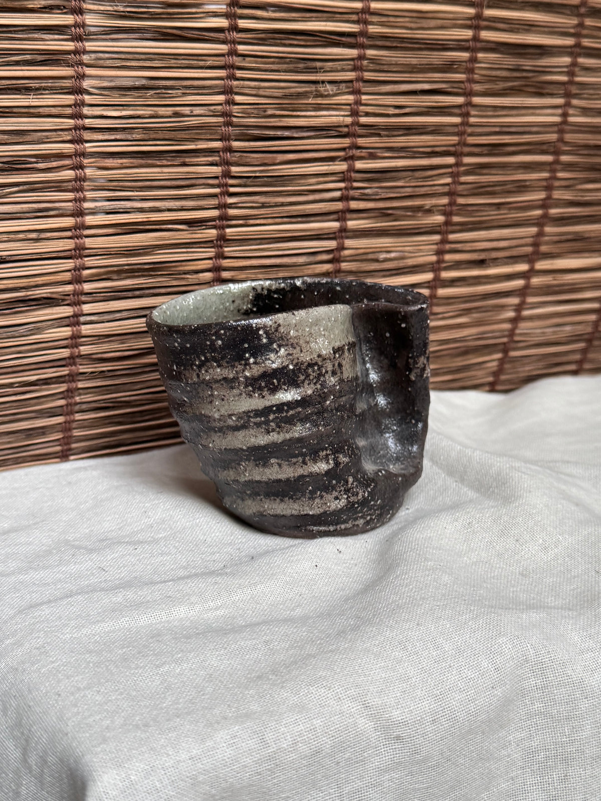 Shigaraki-Yaki Wood-Fired Yunomi Cup, Wave-Cut Rim, Natural Ash Glaze