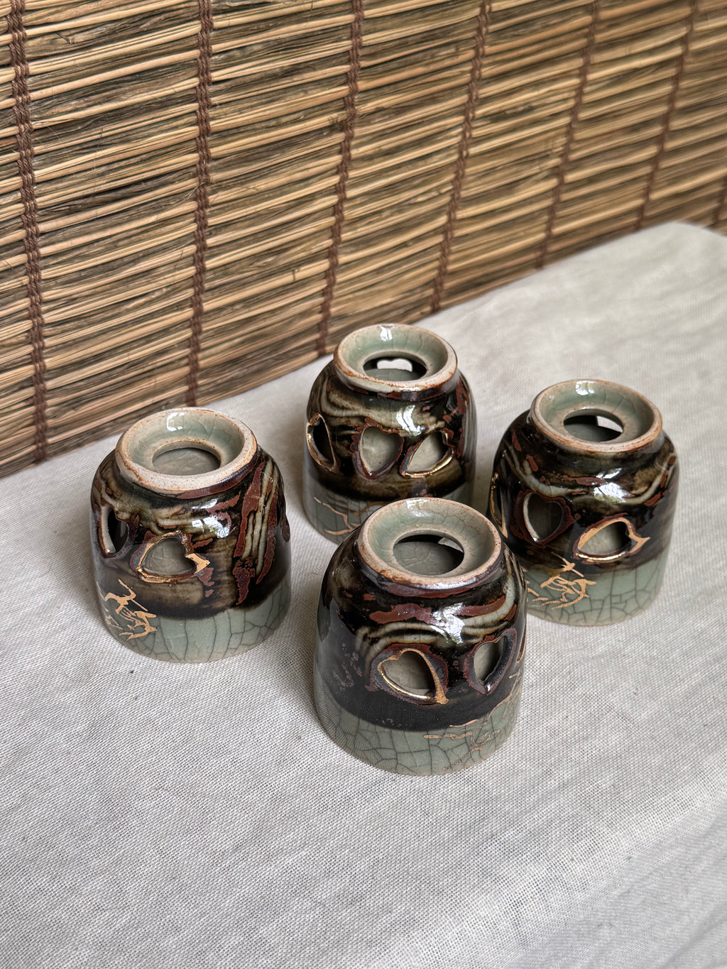 Sōma-yaki Double-Walled Cups, Set of 4 — Crackle Celadon Glaze, Cutout Design, Horse Gold Accents
