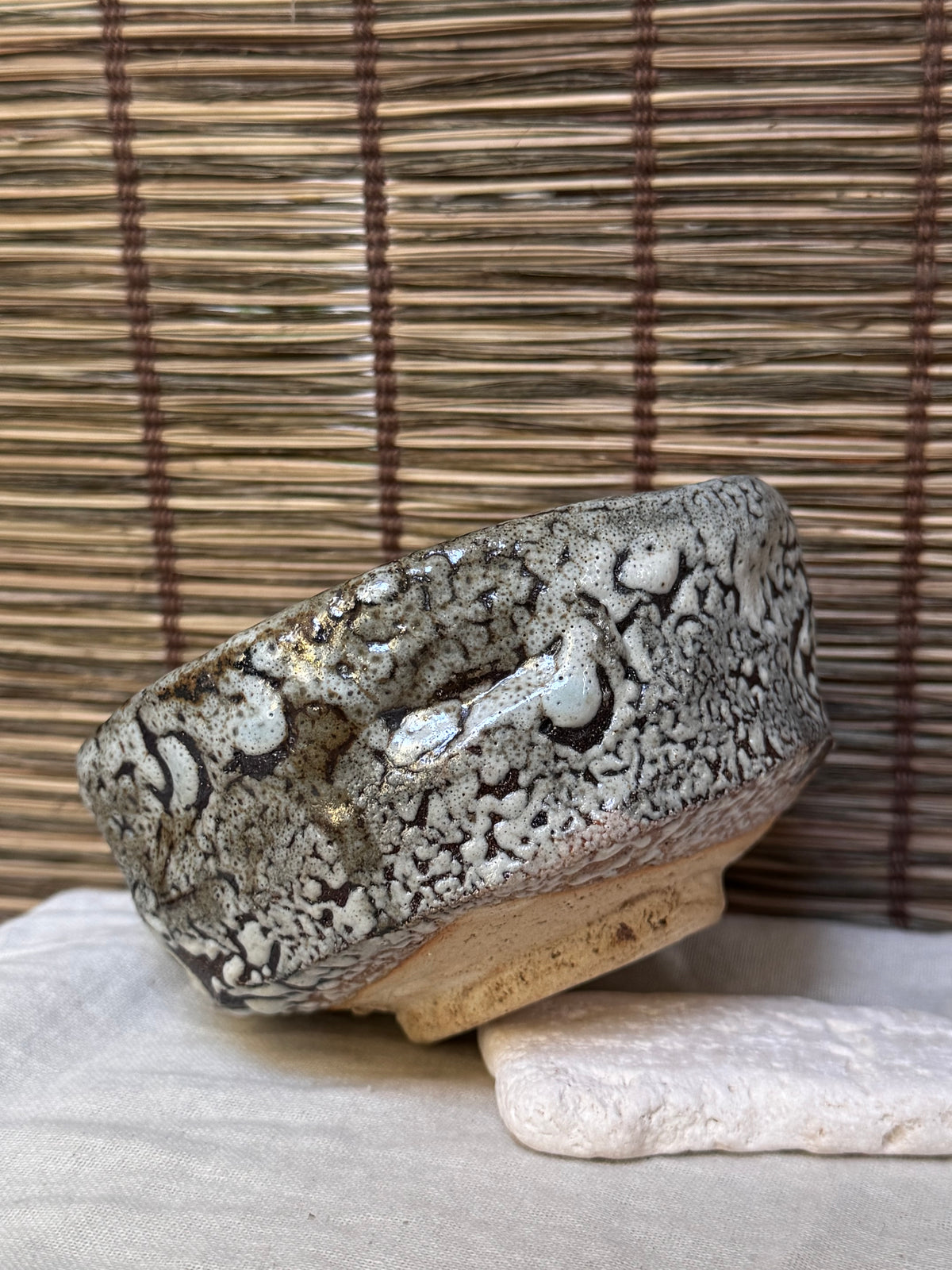 Oni-Hagi Chawan, Hand-Formed — White Crawl Glaze, Paper Box