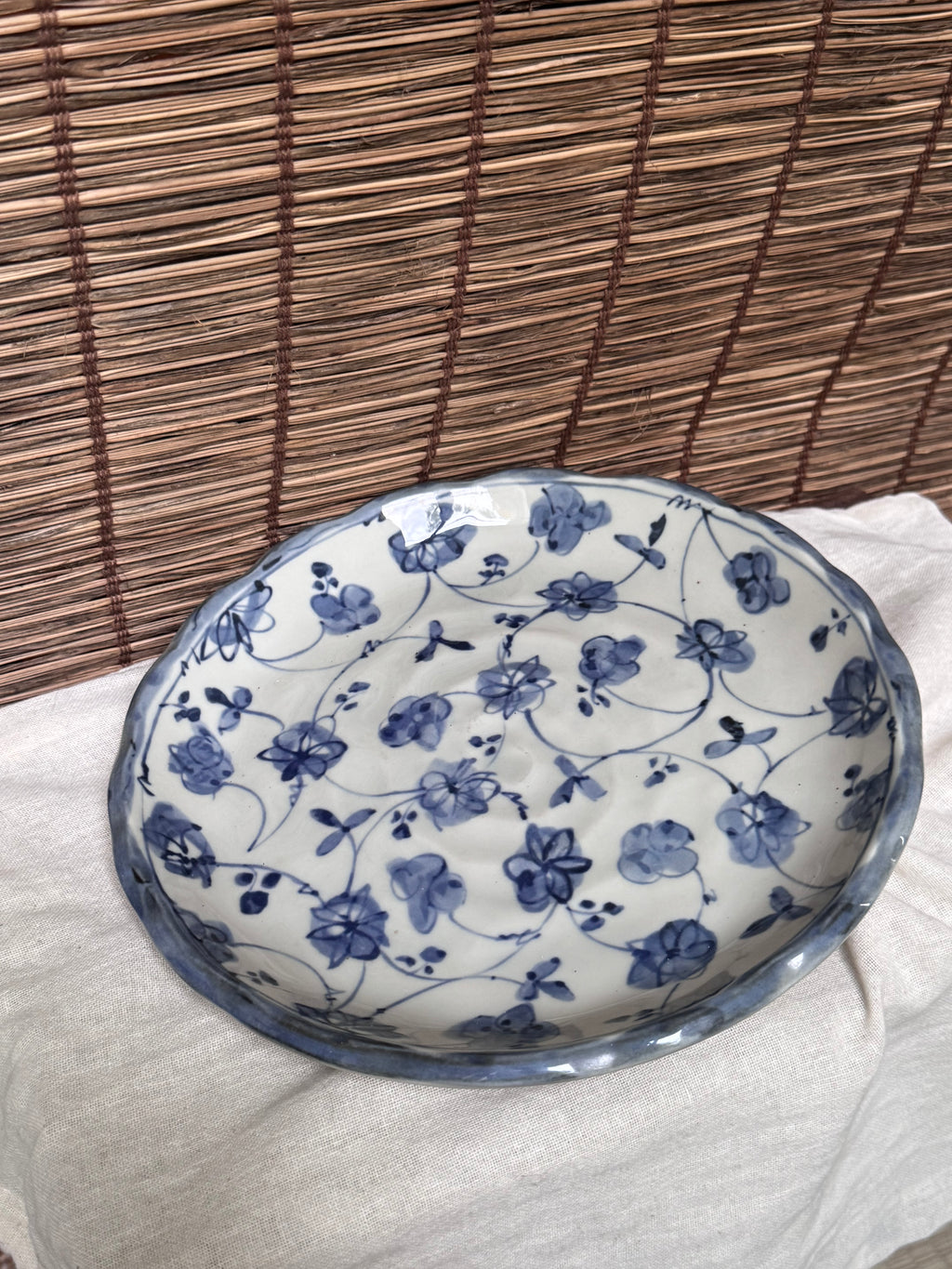 Japanese Sometsuke Blue & White Plate, Hand-Painted Floral, Scalloped Rim.