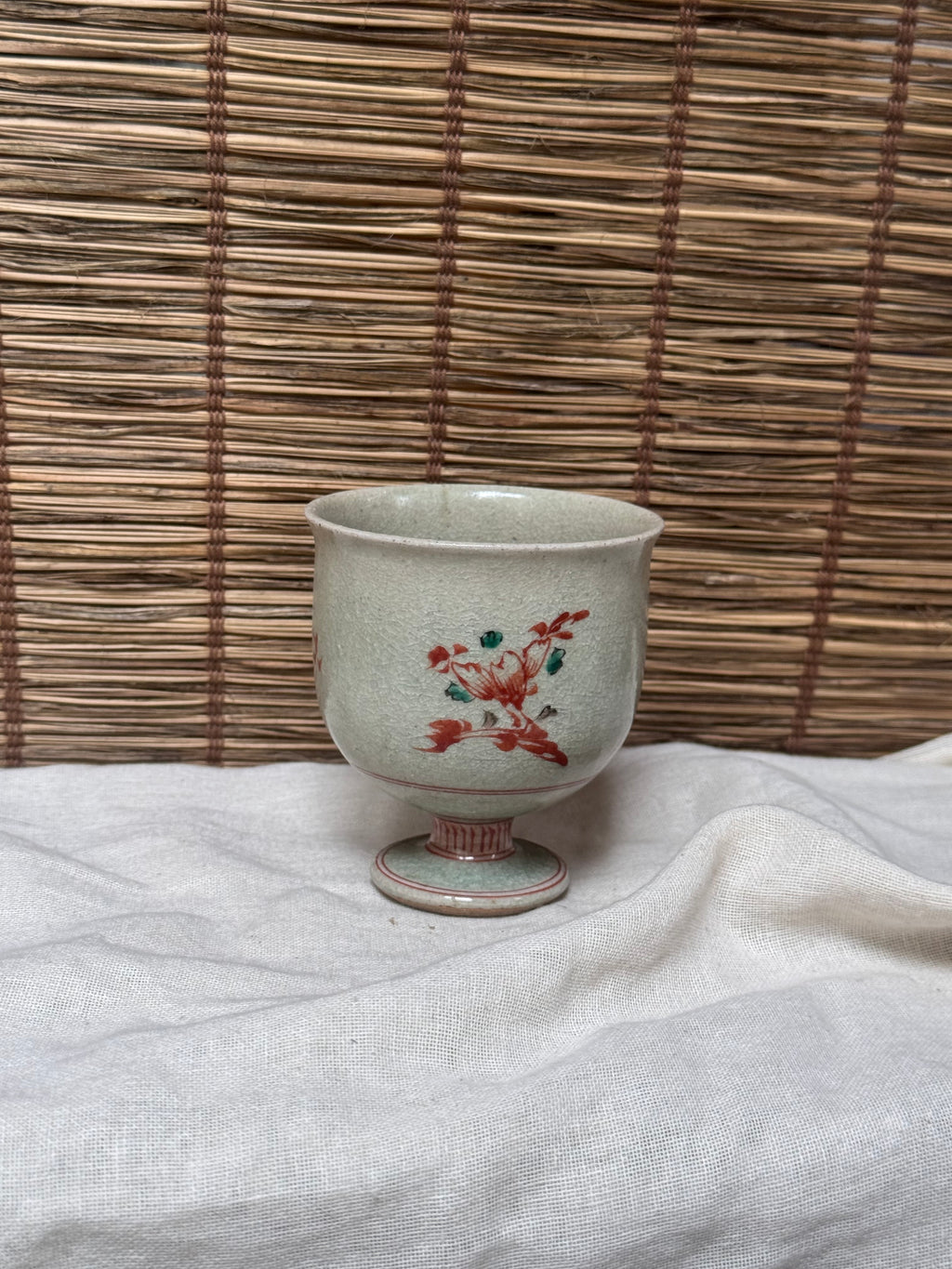 Footed Celadon Cup — Iron-Red Floral Spray, Crackle Glaze