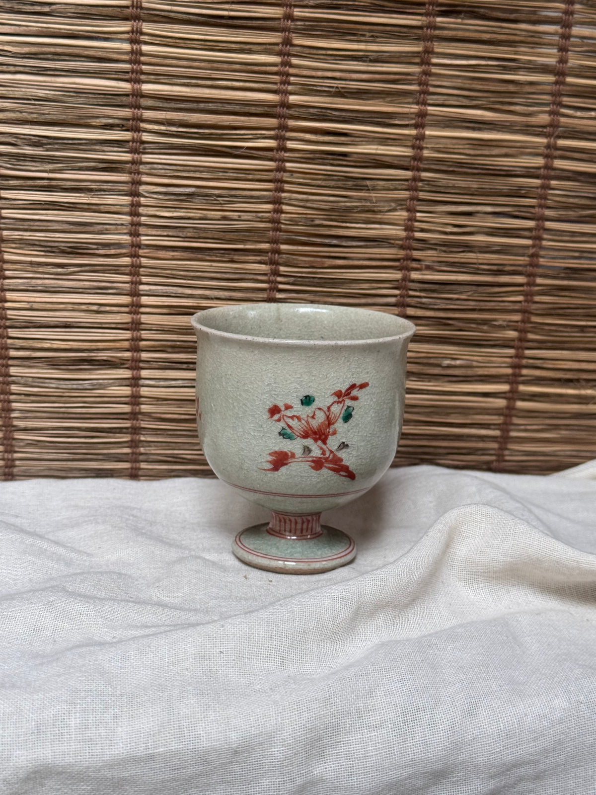Footed Celadon Cup — Iron-Red Floral Spray, Crackle Glaze