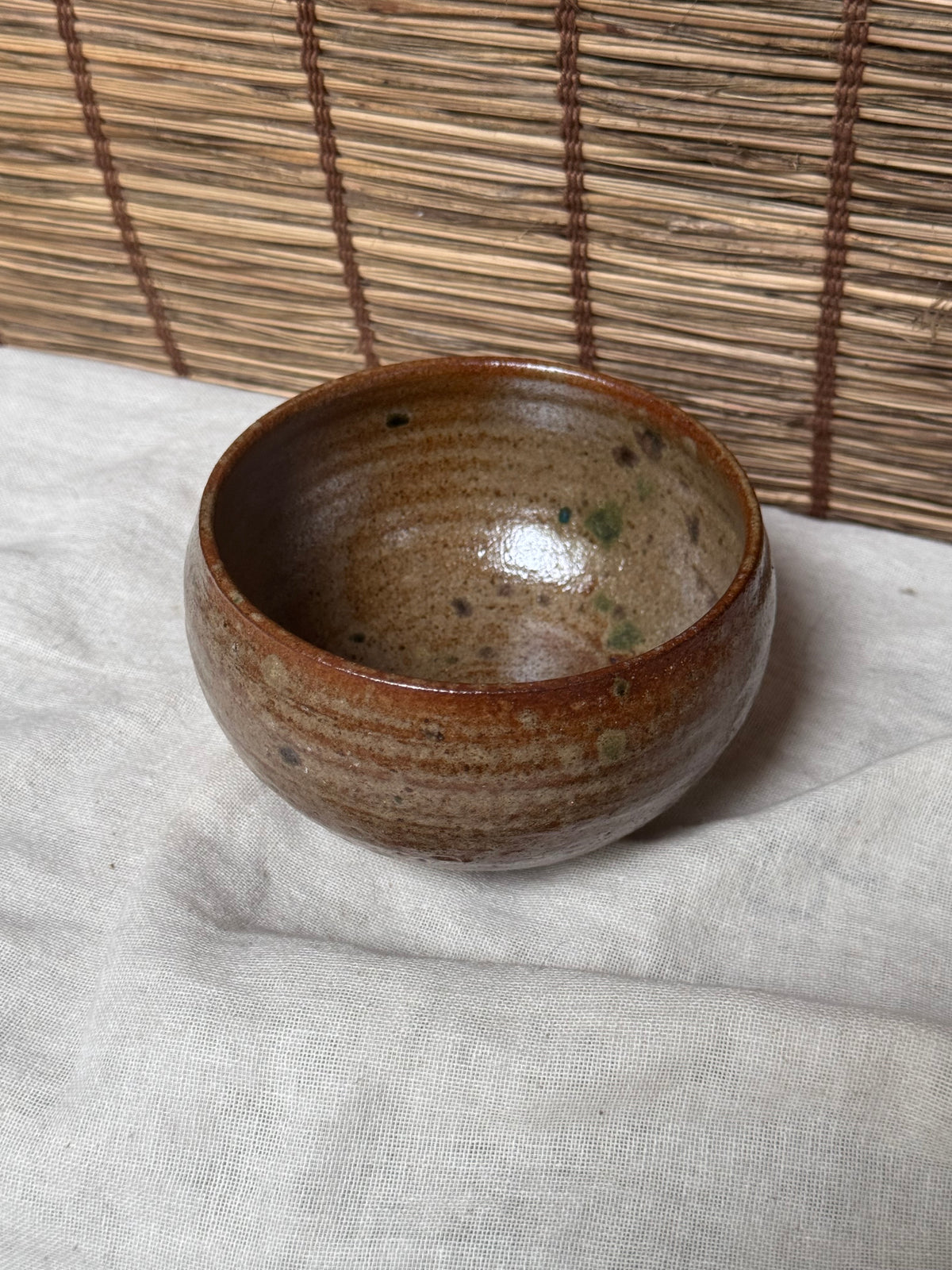 Matcha Chawan — Ash Glaze with Iron Flashing, Rounded Form