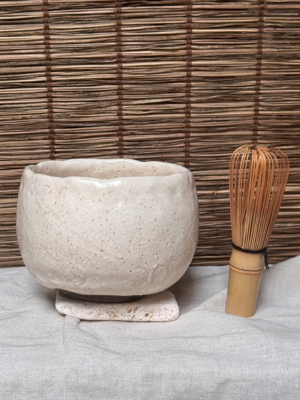 Shino Matcha Chawan — White Feldspar Glaze, Pinholed "Citron Skin" Surface