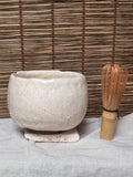 Shino Matcha Chawan — White Feldspar Glaze, Pinholed "Citron Skin" Surface
