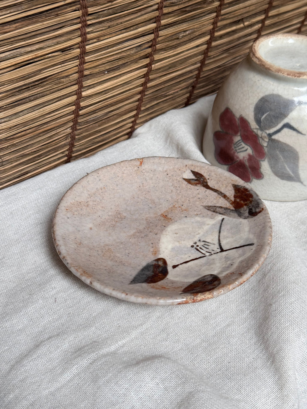 Kutani-Style Hand-Painted Camellia Teacup and Saucer Set, Crackle Glaze