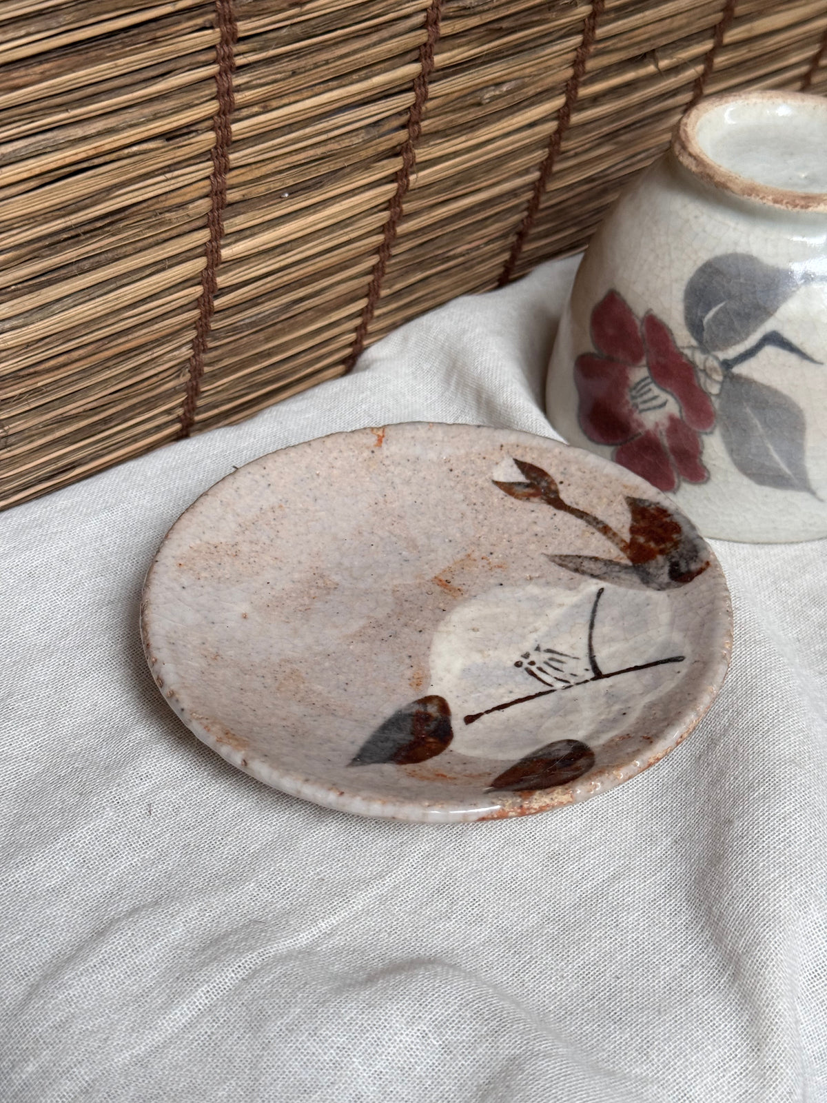Kutani-Style Hand-Painted Camellia Teacup and Saucer Set, Crackle Glaze