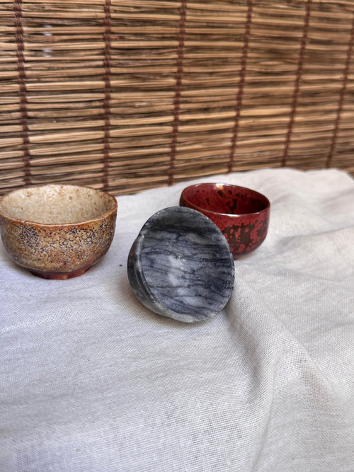 Four Mismatched Guinomi Sake Cups — Cobalt Blue, Crackled Ivory, Marbled Grey, Oxblood Speckle
