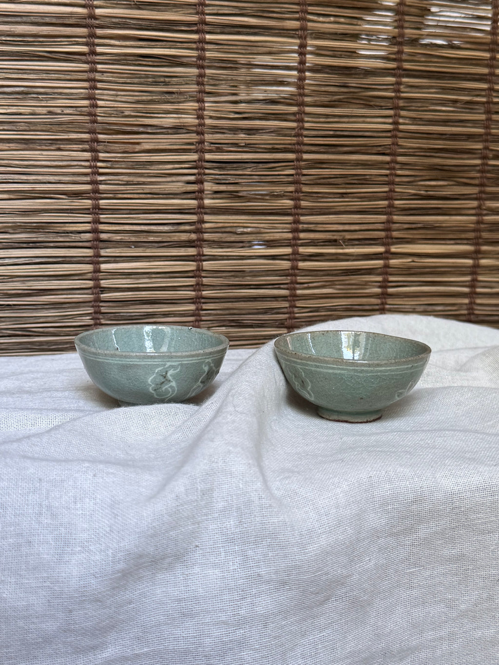 Celadon Sake Cups, Pair — Carved Scrollwork, Crackle Glaze