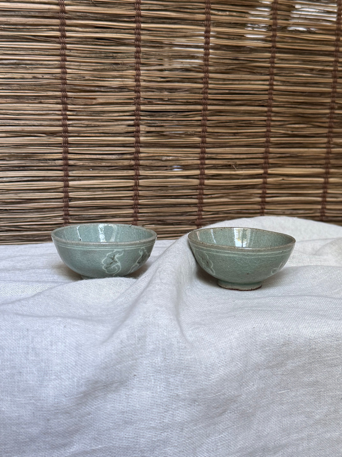 Celadon Sake Cups, Pair — Carved Scrollwork, Crackle Glaze