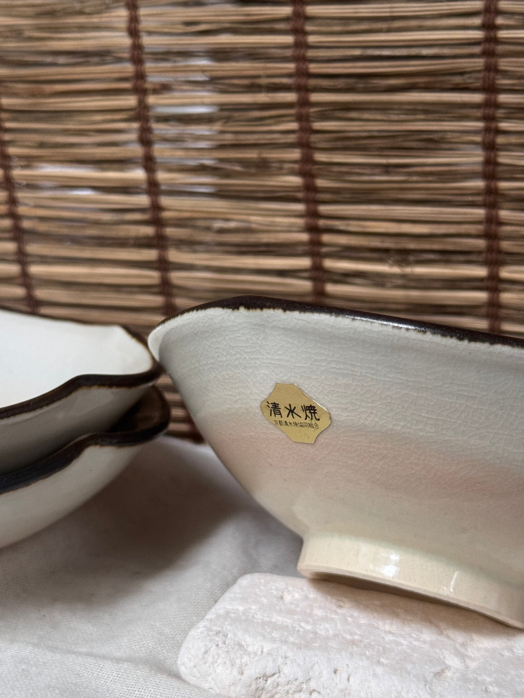 Kiyomizu Yaki Scalloped Bowls, Pair — Blush Pink Gradient Glaze, Iron-Rimmed Wave Edge