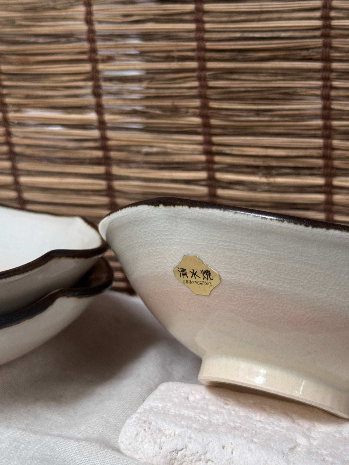 Kiyomizu Yaki Scalloped Bowls, Pair — Blush Pink Gradient Glaze, Iron-Rimmed Wave Edge