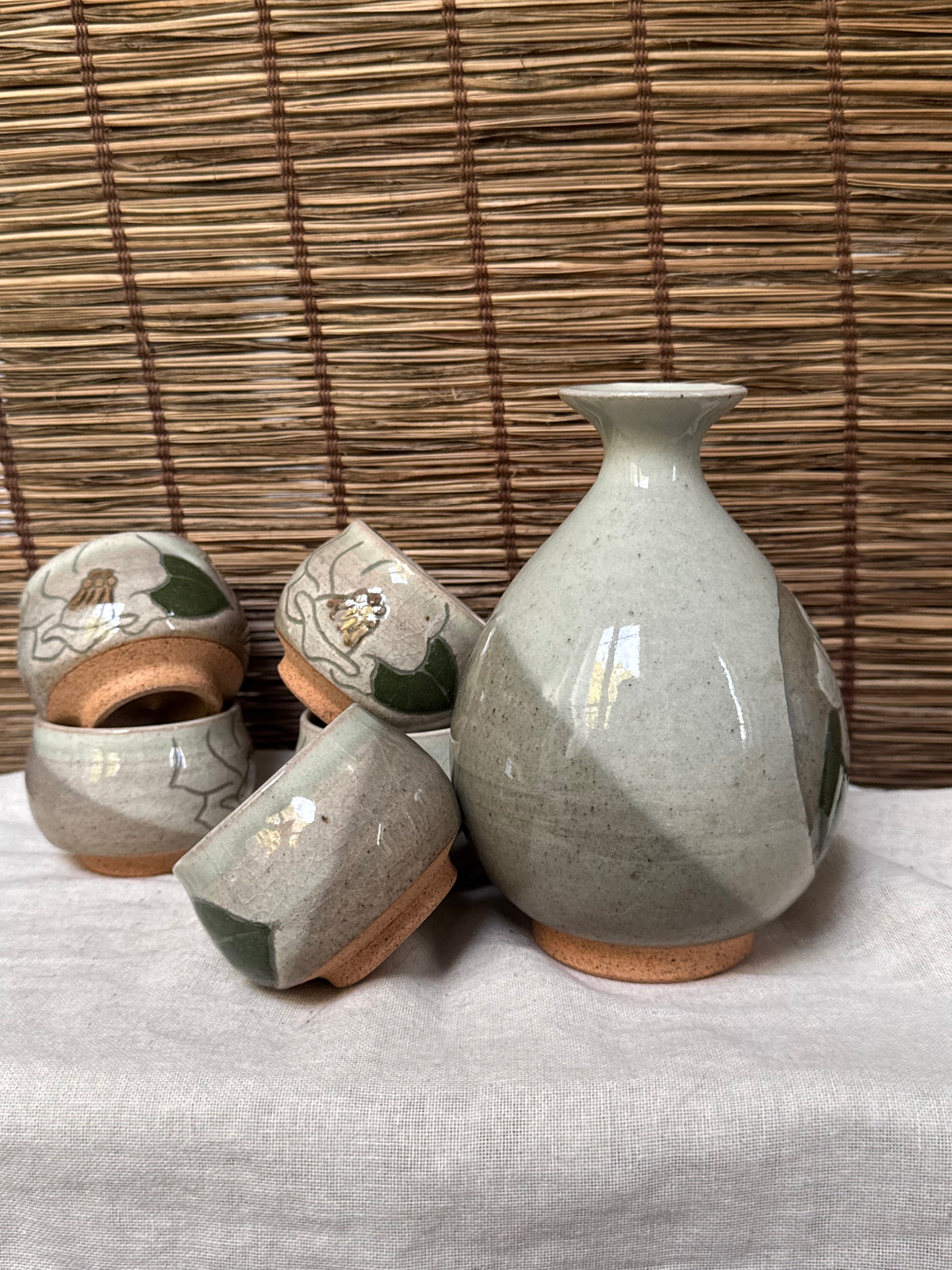 Mino Yaki Celadon Sake Set with Hand-Painted Camellia, Bottle & 6 Cups