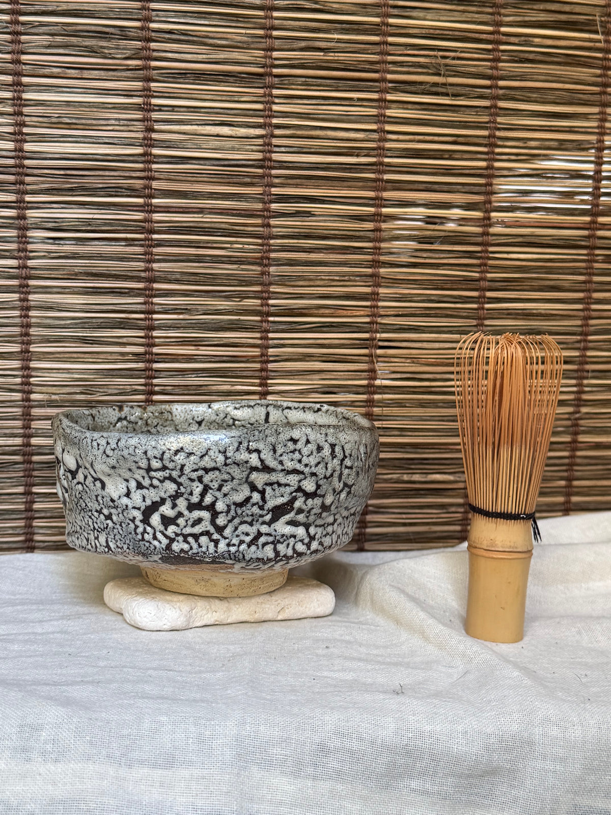 Oni-Hagi Chawan, Hand-Formed — White Crawl Glaze, Paper Box