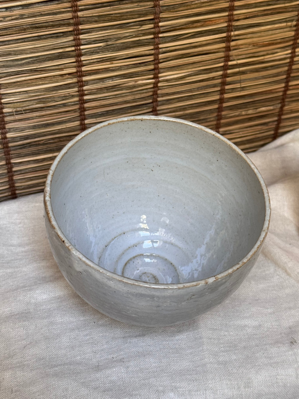 Kohiki Chawan — White Slip, Iron Speckle, Spiral Well