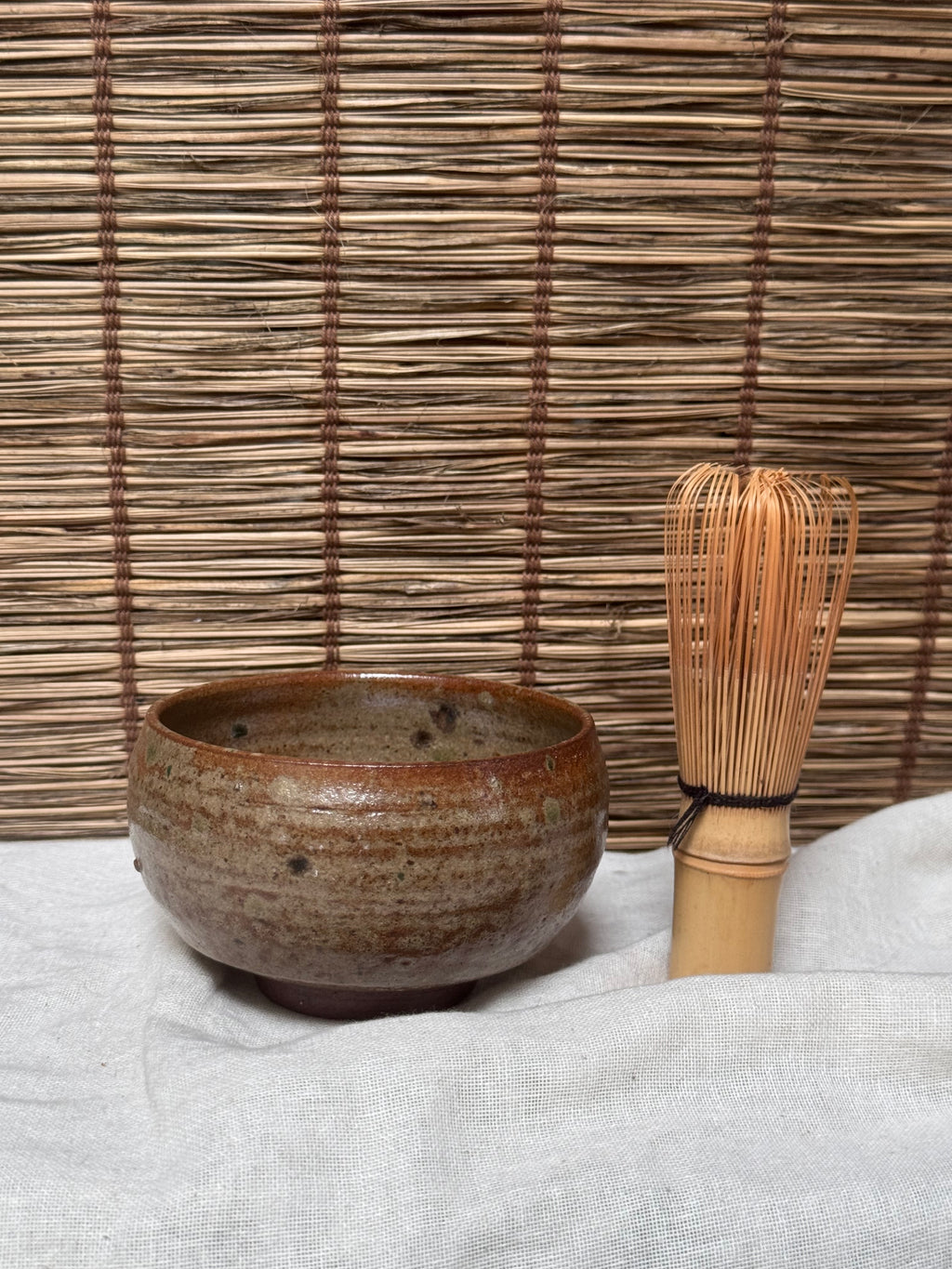 Matcha Chawan — Ash Glaze with Iron Flashing, Rounded Form