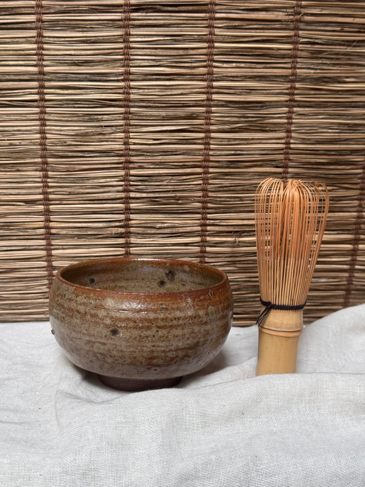 Matcha Chawan — Ash Glaze with Iron Flashing, Rounded Form