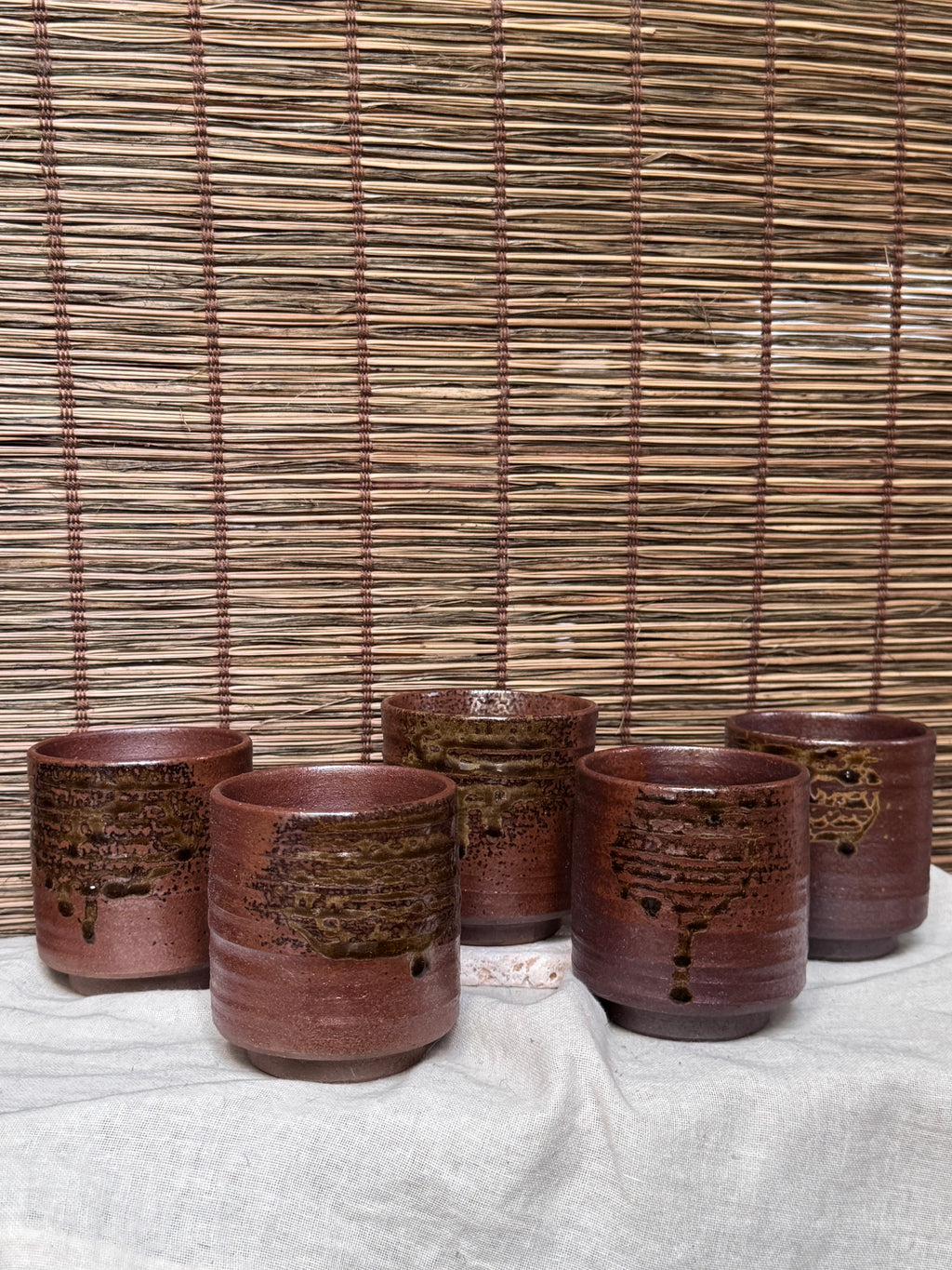 Tamba Ware Teacups (Yunomi), Set of 5 — Olive Ash Glaze Drips, Original Box