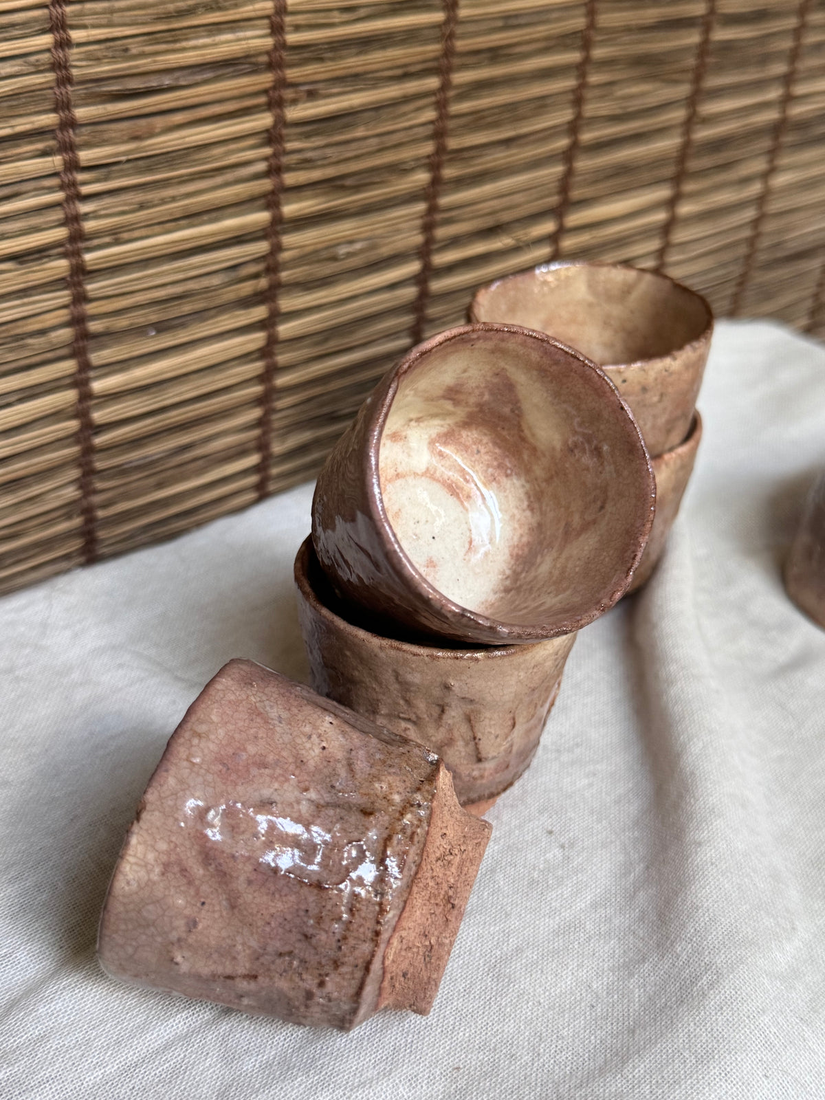 Hagi-yaki Sake Cups, Set of 6 — Blush Pink Ash Glaze, Hand-Built, Unglazed Rim & Foot