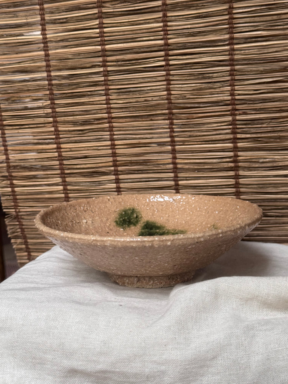 Ki-Seto Style Bowl — Coarse Stoneware with Copper-Green "Tanpan" Accents