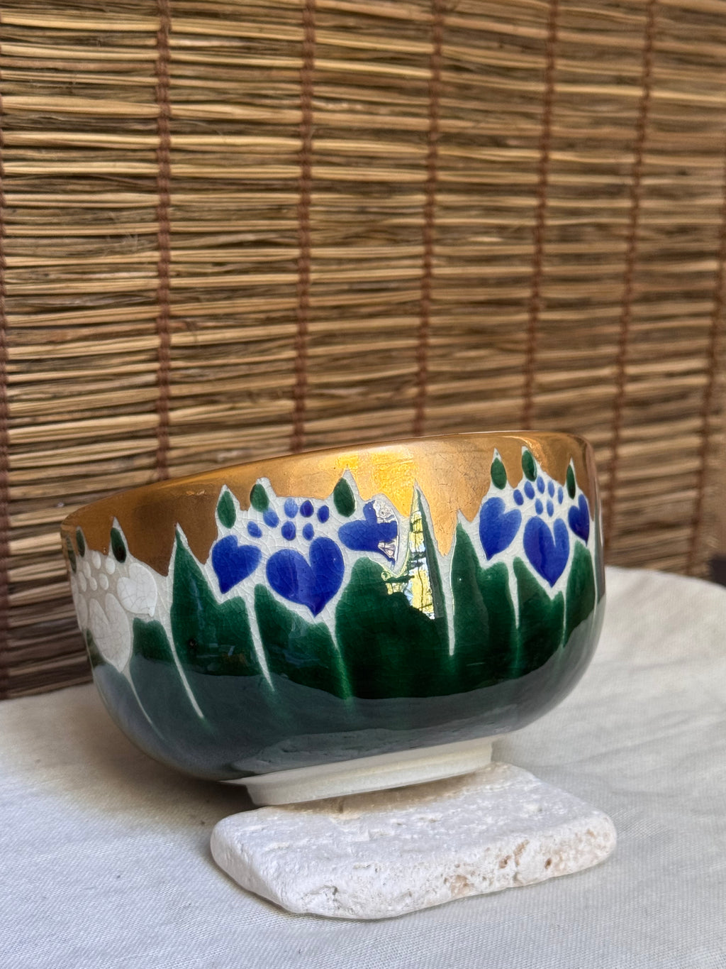 Kutani Ware Matcha Bowl (Chawan) — "Ayame" Iris Motif, Gold Ground, Signed, Wooden Box