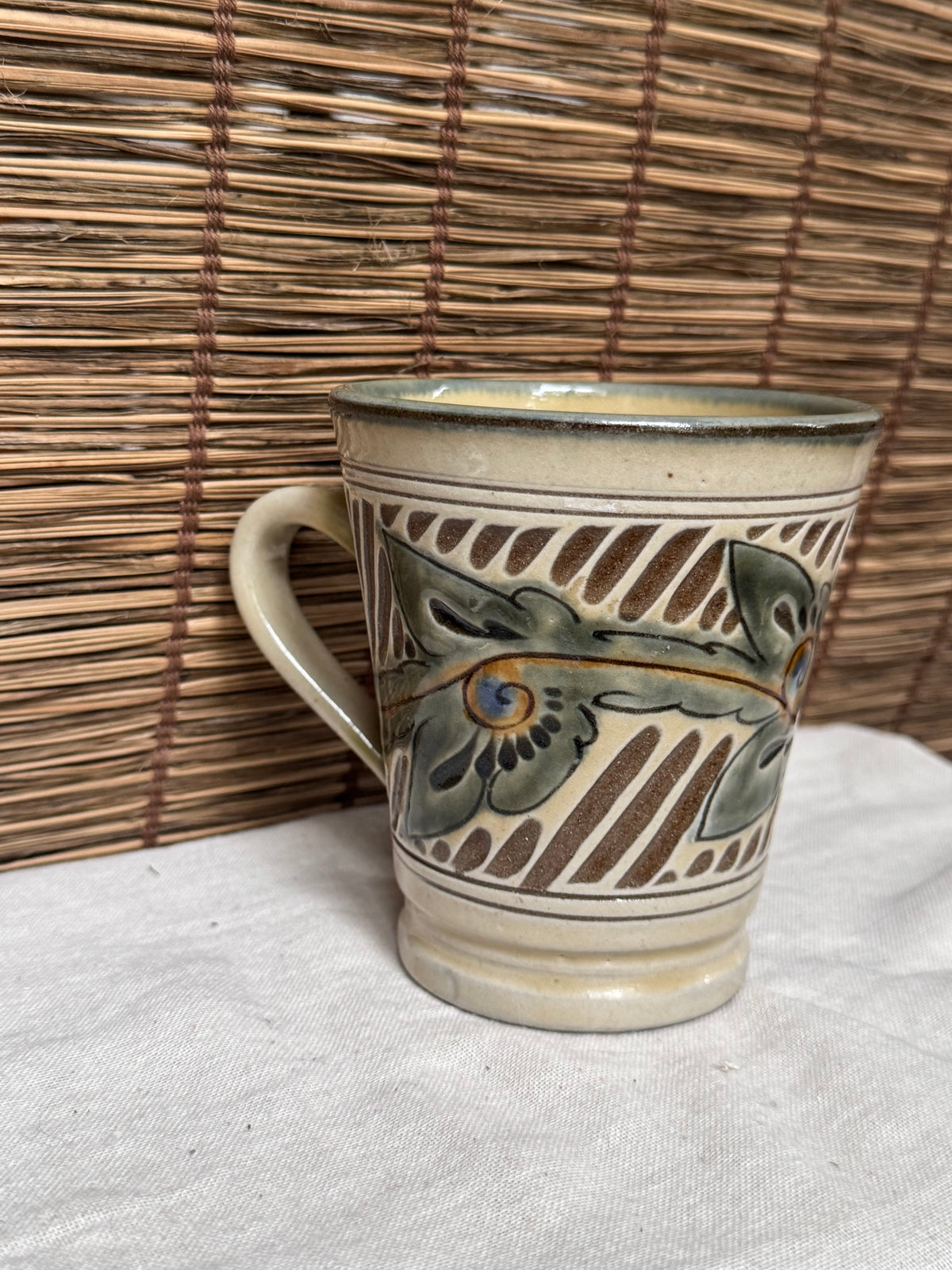 Tsuboya-Yaki Okinawan Pottery Mugs, Hand-Carved Leaf Design