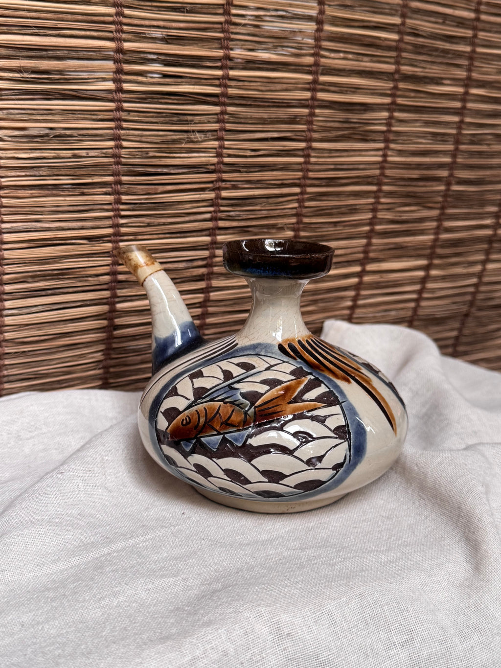 Tsuboya-yaki Hand-Painted Fish Motif Sake Flask