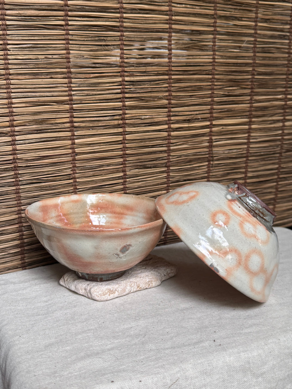 Hagi-yaki Rice Bowls, Pair — Kohiki-Style Rice Straw Ash Spots