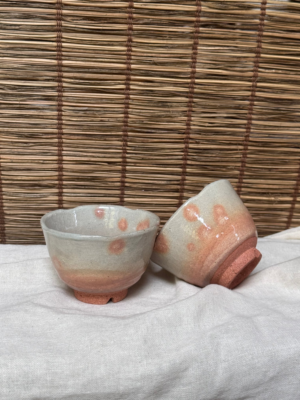 Hagi-Style Yunomi Tea Cups, Pair — Grey Ash Glaze with Iron-Spot